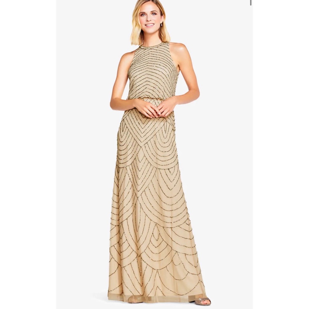 NWT! Adrianna Pappel ART DECO BEADED BLOUSON DRESS W. HALTER NECKLINE